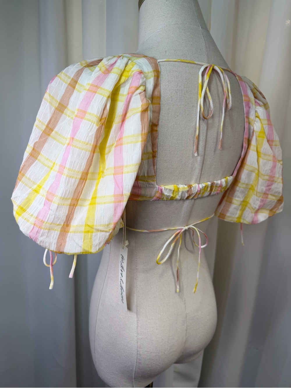 NWT For Love & Lemons ‘Rue’ Puff Sleeve Crop Top in Yellow & White Plaid Size S - Picture 9 of 16